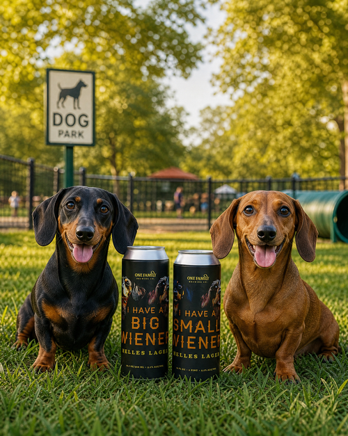 Big and Small Wiener beer cans with dachshunds