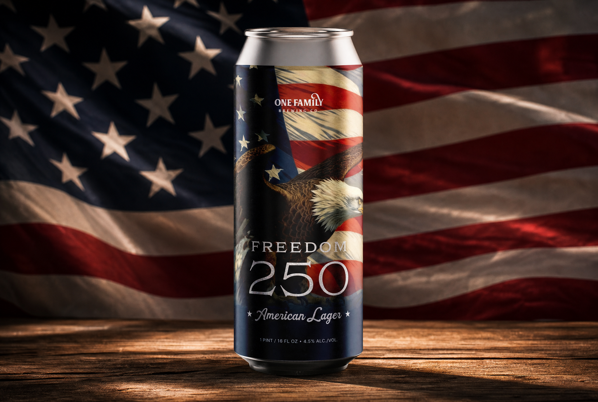 Freedom 250 American Lager with American flag