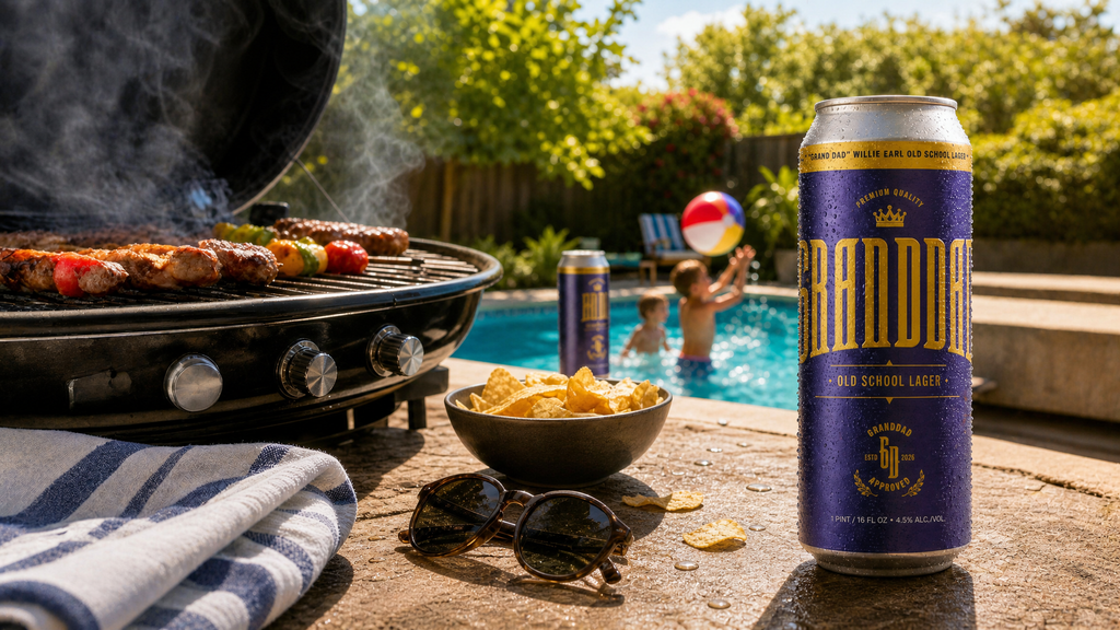 Grand Dad Old School Lager by a poolside grill