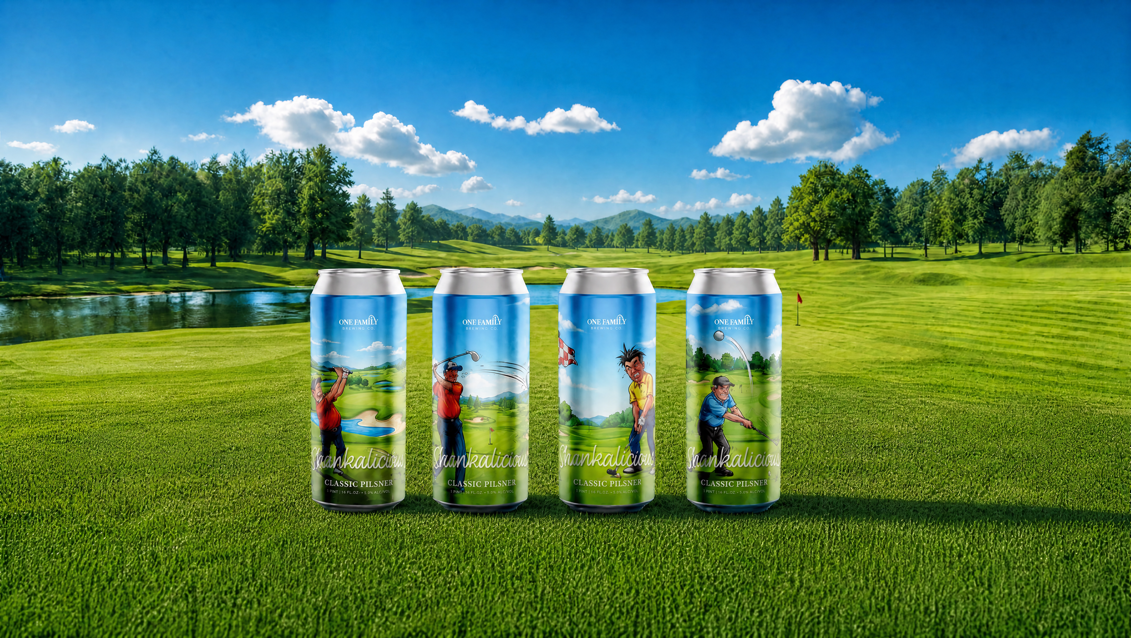 Shankalicious Pilsner cans on a golf course