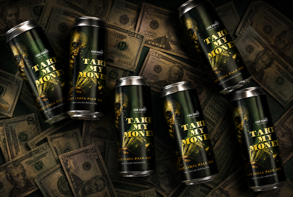 Take My Money beer cans on dollar bills