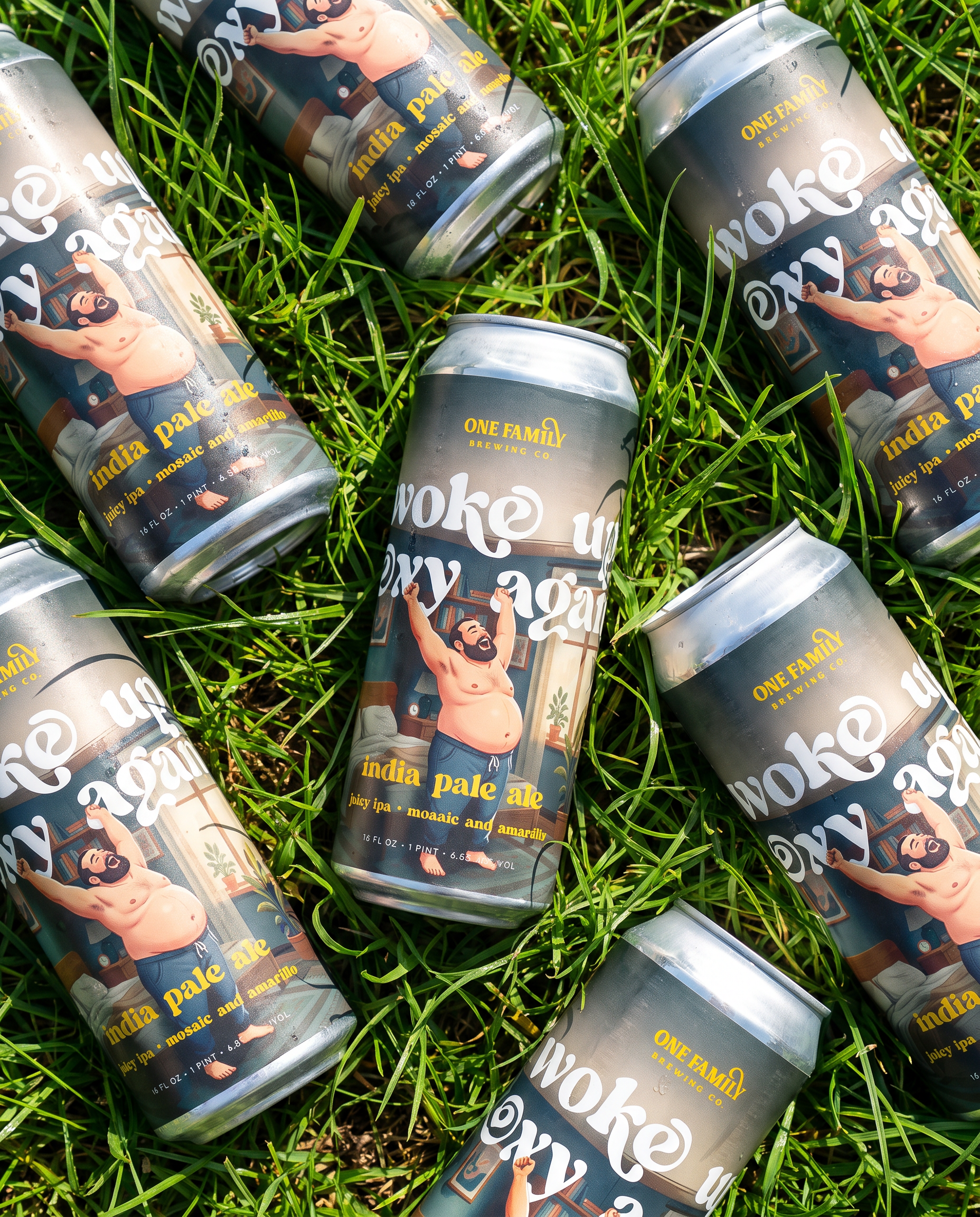 Woke Up Sexy Again beer cans on grass