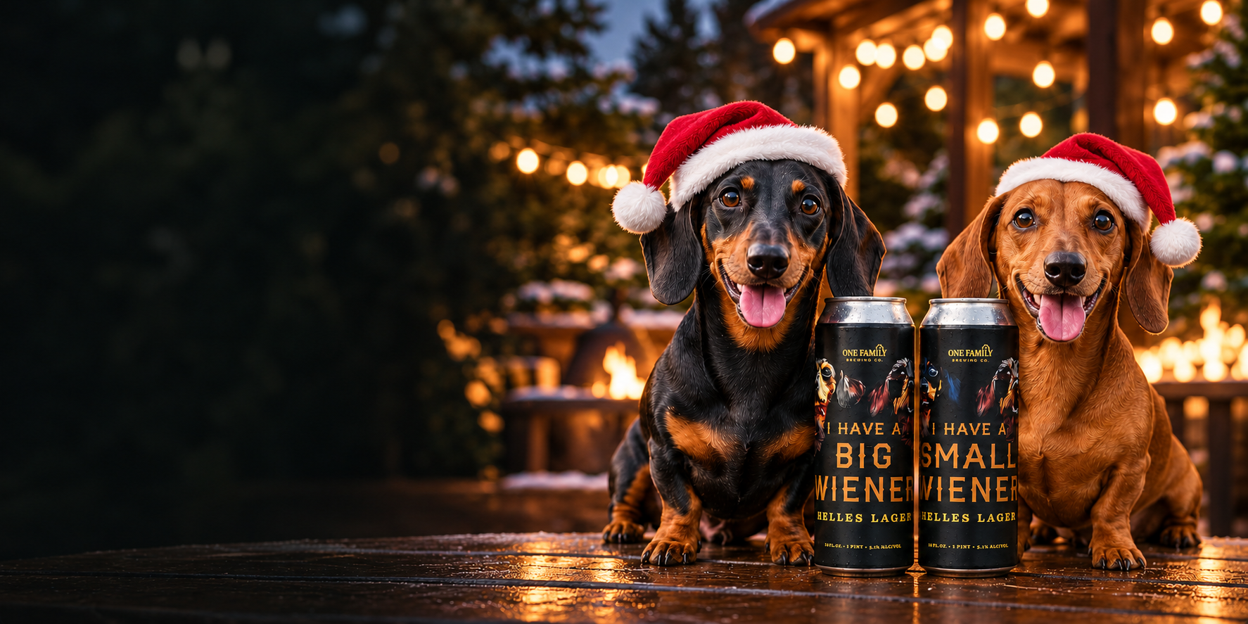 Two dachshunds in Santa hats beside One Family Brewing beer
